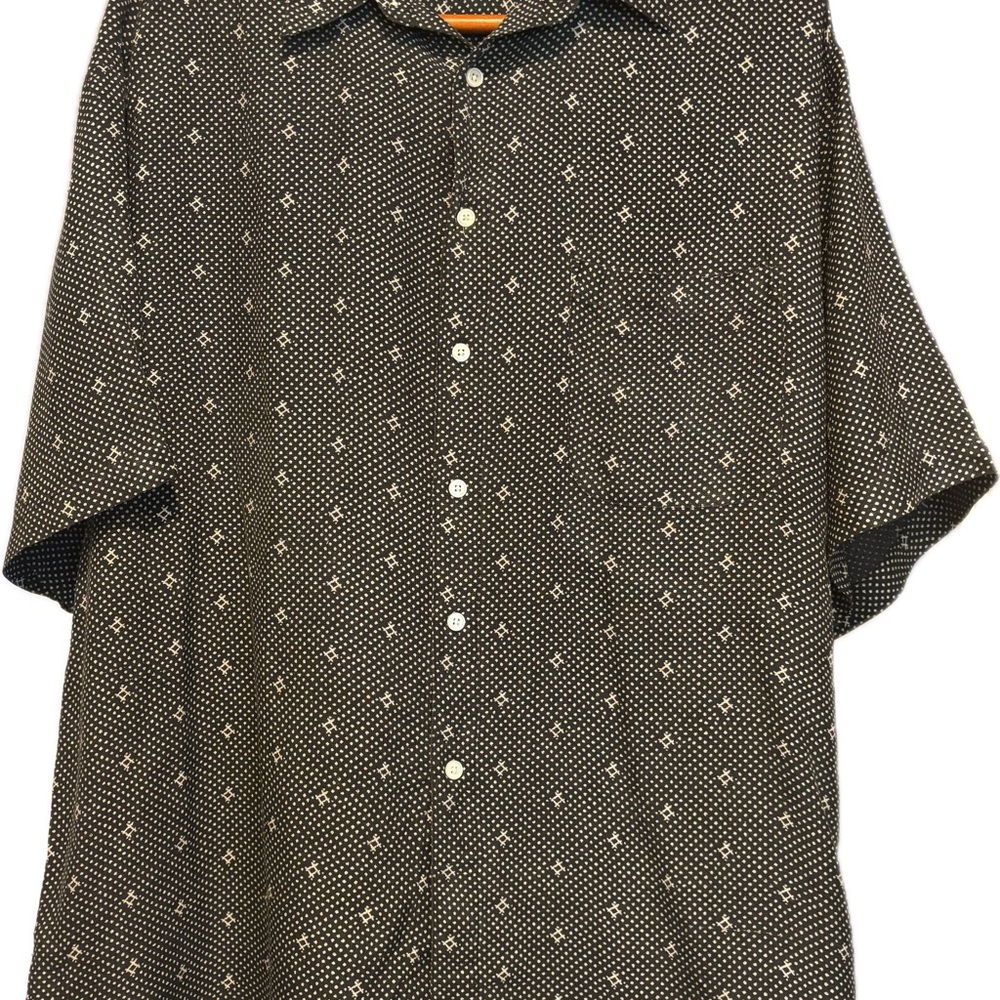 Perry Ellis VINTAGE 100% Silk Black & Tan dress/casual Button Down Shirt